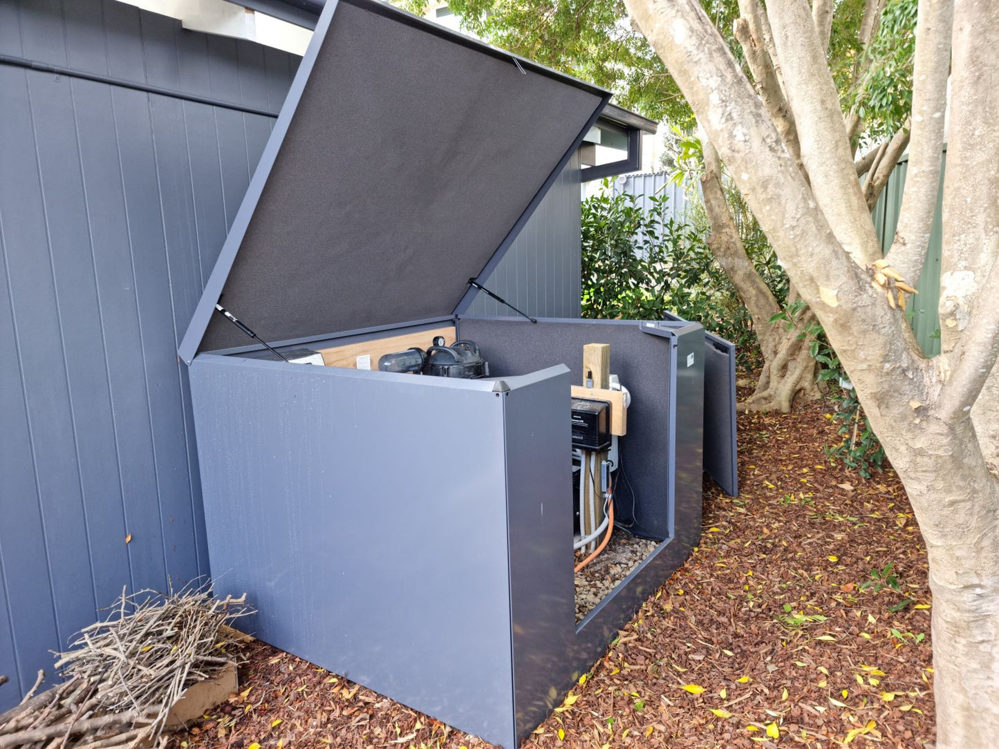 Close-up view of Acoustic Box galvanized steel soundproof pump enclosure housing