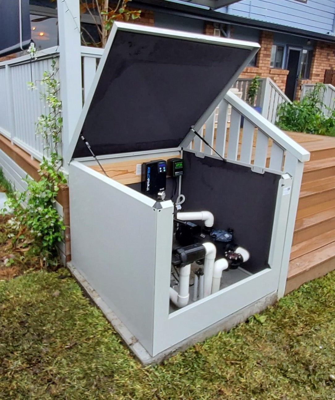 Close-up view of Acoustic Box galvanized steel soundproof pump enclosure housing