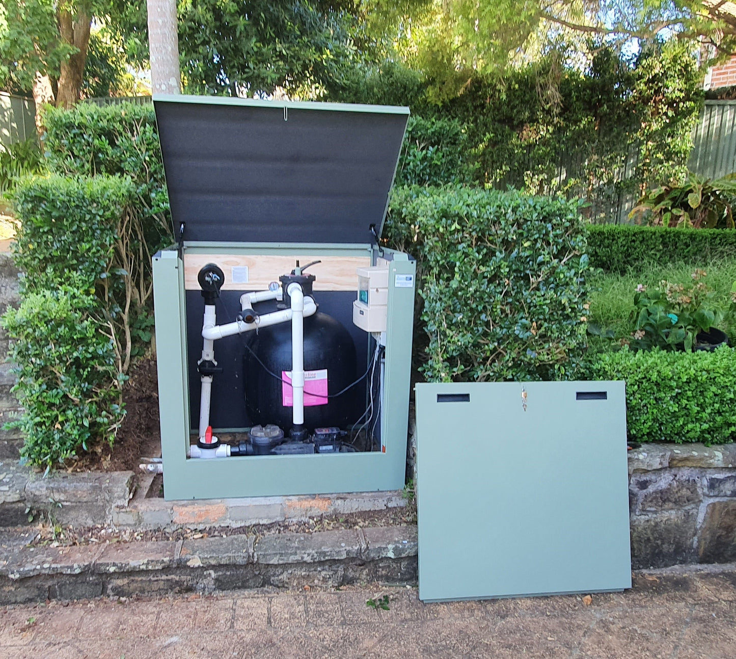 Acoustic Box outdoor soundproof enclosure installed over pool pump system