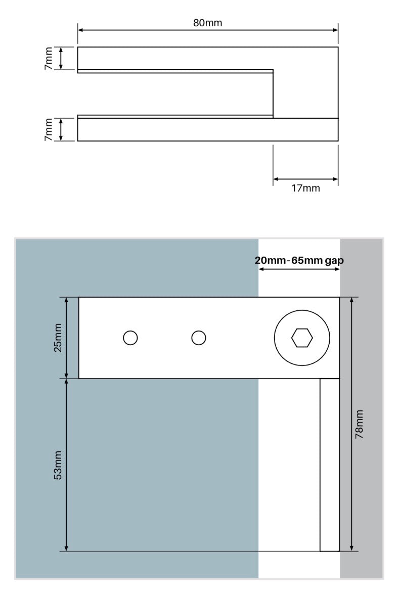 Wall to Glass Clamp | SS316 | 12mm Glass | 20-65mm Gap | Black, White, Satin & Polish