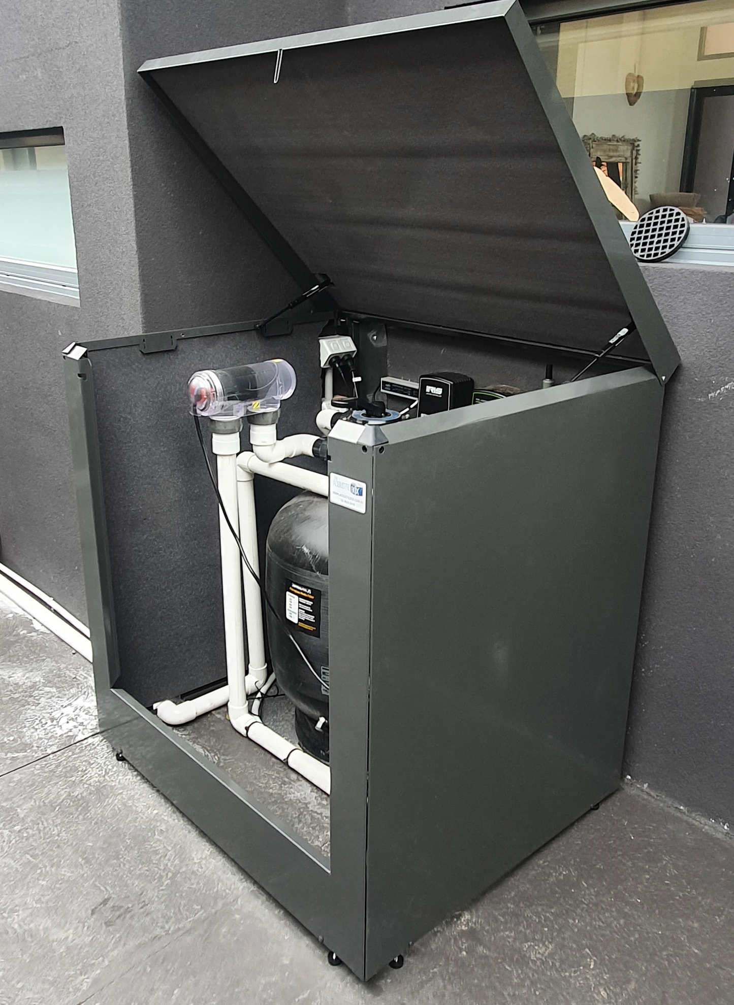 Close-up view of Acoustic Box galvanized steel soundproof pump enclosure housing