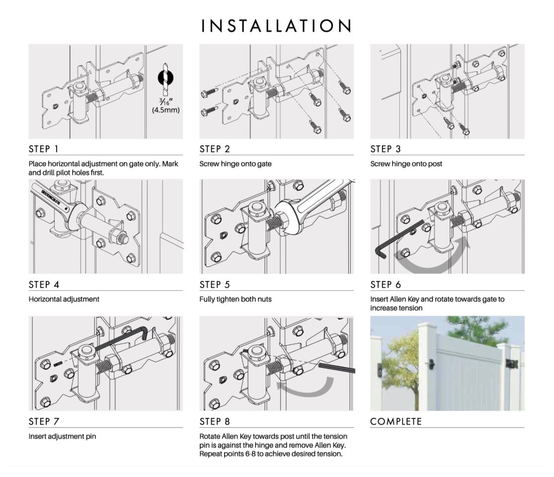 D&D TruClose Hamptons Gate Hinge | Adjustable Tension | White & Black | 2 Pack